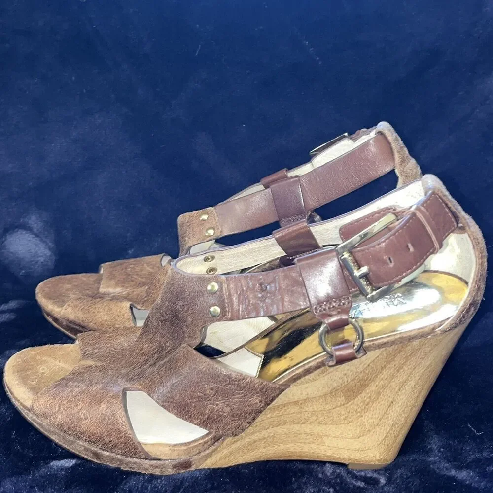 Michael‎ Kors Women’s Briyette Wedge Sandals Sz 8.5 Mocha Brown Leather Buckle